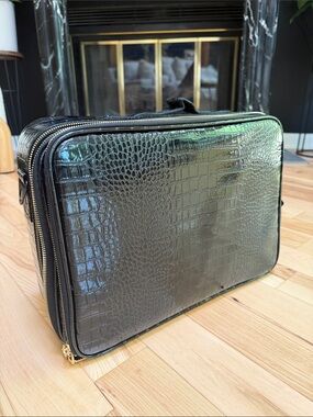 Glossy Black Croc-Embossed Travel Bag with Gold Hardware